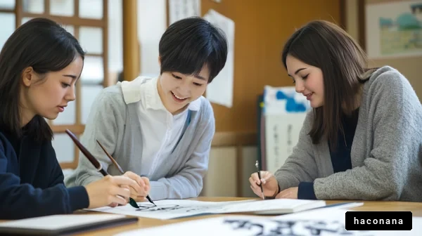 書道を楽しむ学生たち