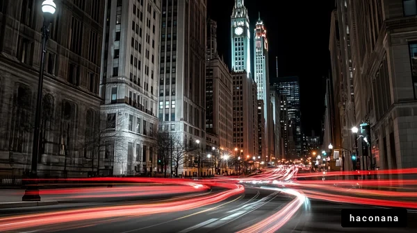夜の都市風景と車の光跡