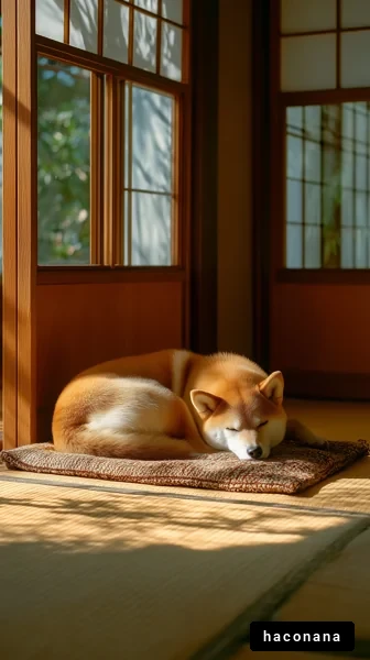 和室で寝る犬の姿