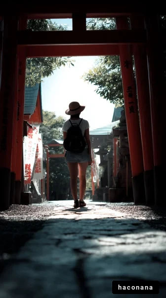神社の鳥居を通る女性