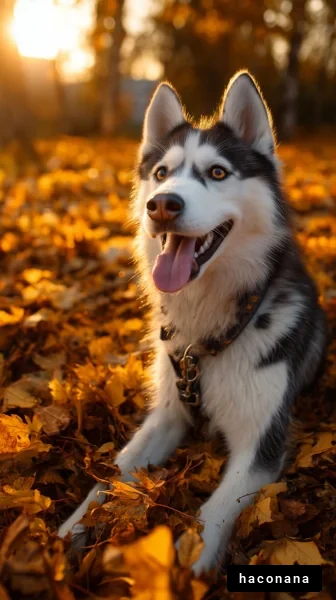 秋の葉に囲まれた犬