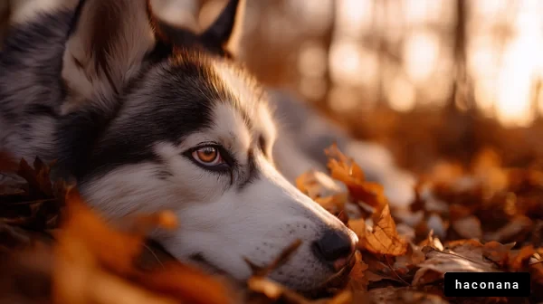 秋の落ち葉と犬