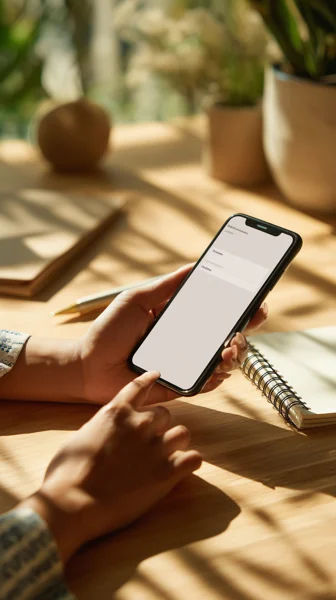 スマートフォンを操作する手とノート