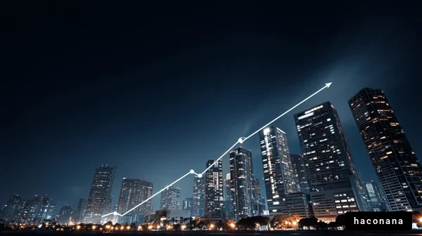 都市の夜景と成長グラフ