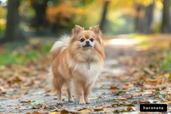 秋の公園で散歩する犬