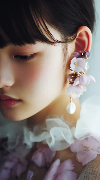 花モチーフイヤリングの女性