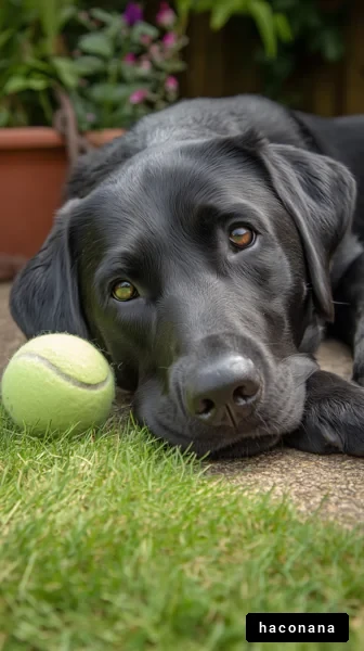 穏やかな犬とテニスボール