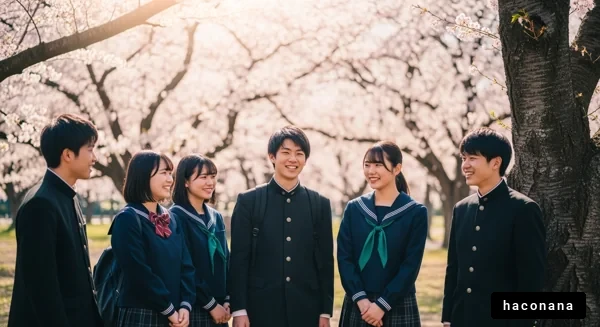 桜の下で笑う学生たち