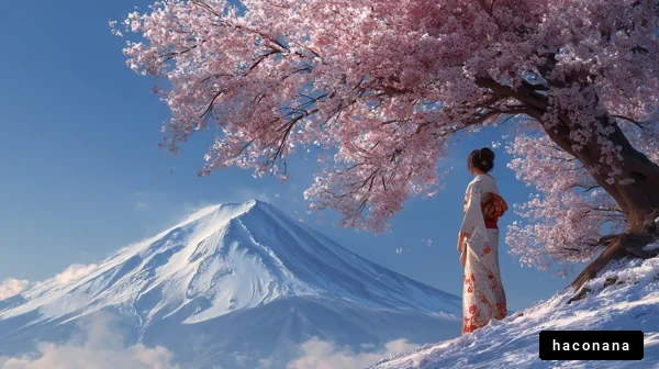 桜と富士山を望む女性