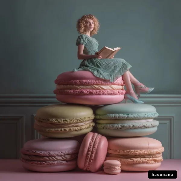 マカロンの上で読書する女性
