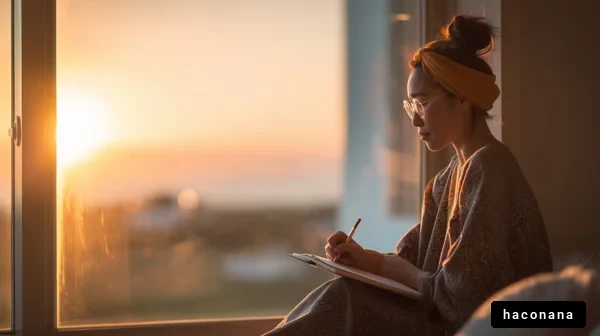 夕日の中でノートを書く女性