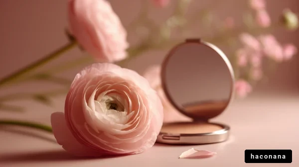 ピンクの花とメイク道具