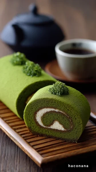 抹茶ロールケーキとお茶
