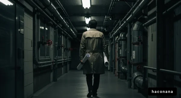 暗い廊下を進む人物