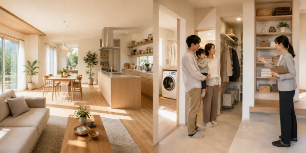 新築住宅の内覧をする家族