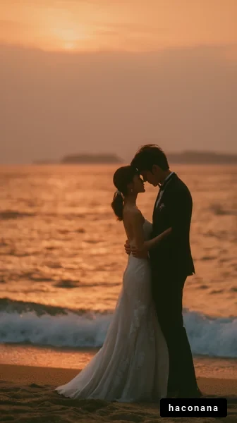 海辺の結婚式の夕日