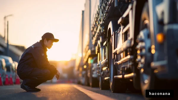 夕日のトラックと作業者