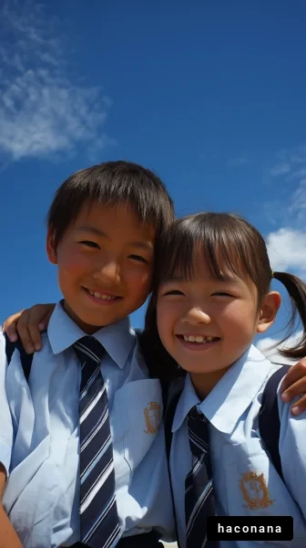 笑顔の子供たちと青空