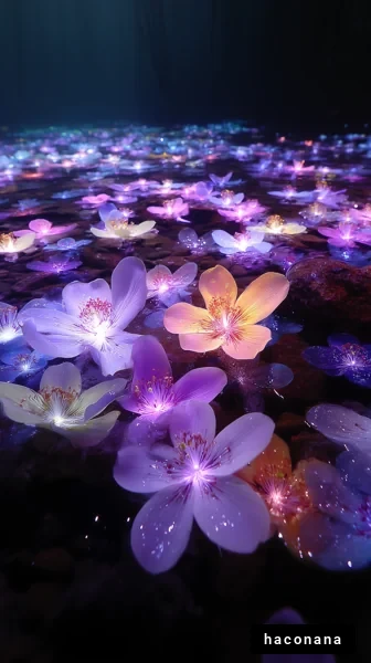 幻想的な水面の花々