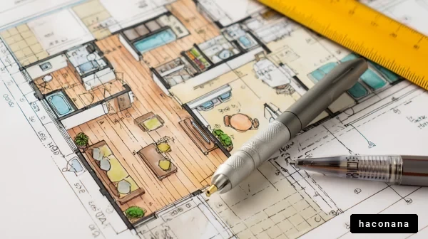 設計図と文房具の写真