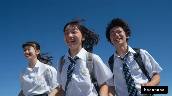 青空の下で笑う学生たち