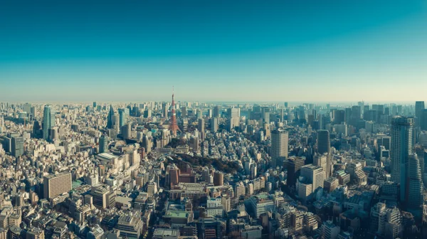 東京タワーと都市の空撮パノラマ