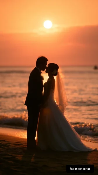 夕日の海辺でのウェディング