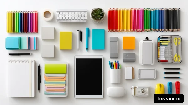 カラフルな文房具とデバイス