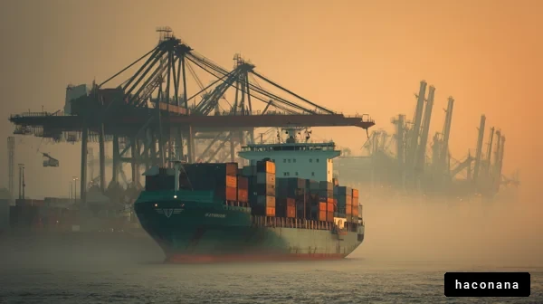 港の霧に包まれた船