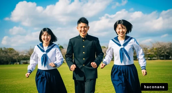 青空の下で走る学生たち