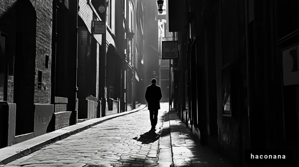 薄暗い路地を歩く人