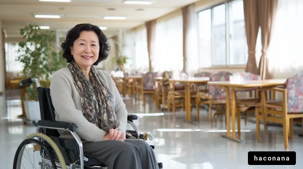 車椅子の女性が微笑む