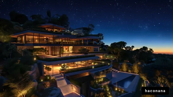 夜空の下の現代的な邸宅