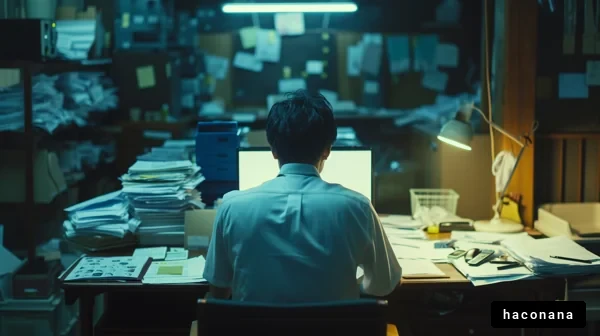 暗いオフィスで働く人