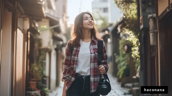 街を歩く女性とカメラ