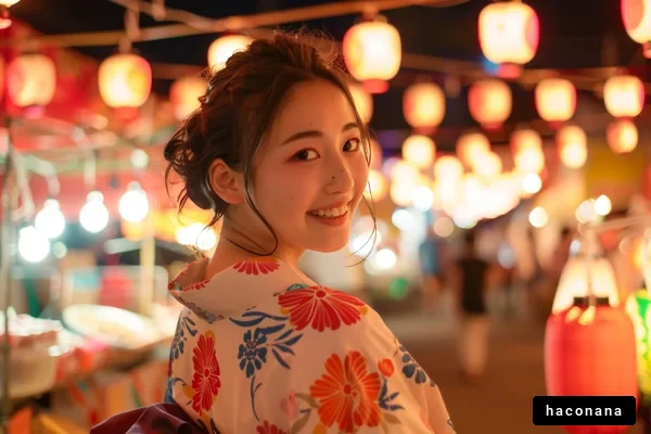 祭りの夜に微笑む女性