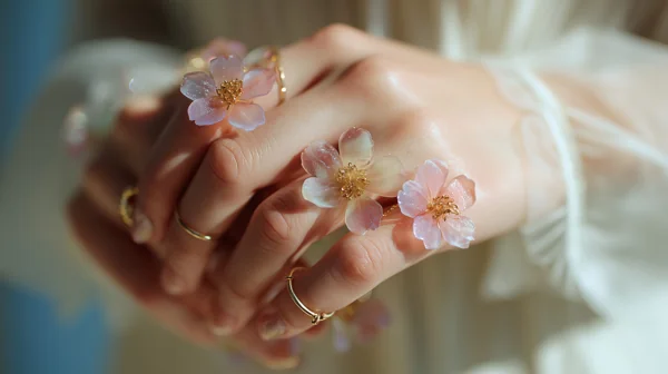 桜の花モチーフリングを重ねた手