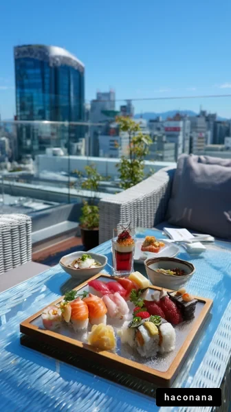 屋上で楽しむ寿司ランチ