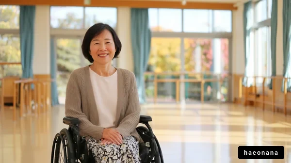 車椅子に坐る笑顔の女性