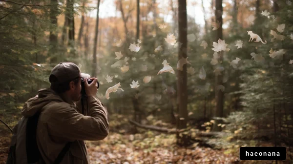 森での撮影風景と秋の葉