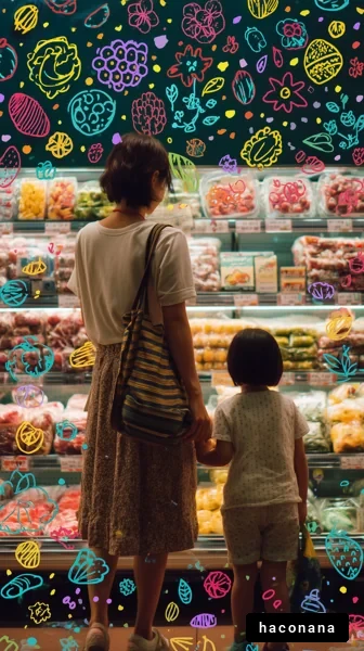 色とりどりの果物を選ぶ母子