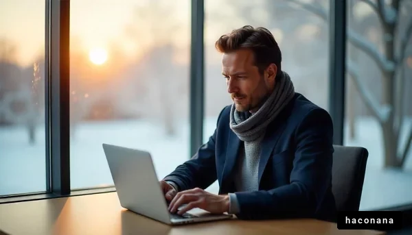 窓辺で仕事をする男性