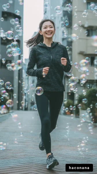 泡の中でランニングする女性