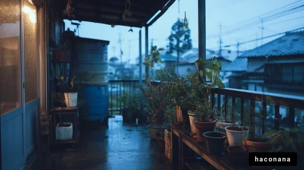 雨に濡れたバルコニーの風景
