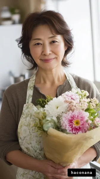 花束を持つ女性の微笑み