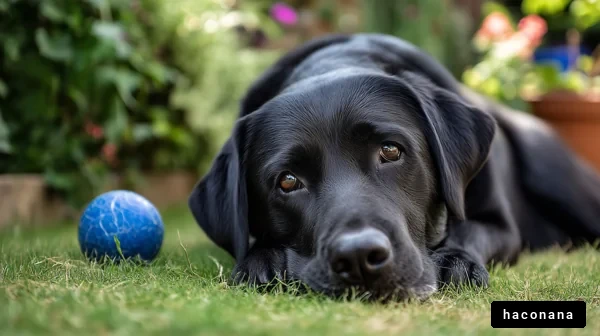 黒い犬と青いボール