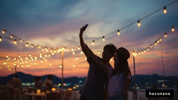 夕暮れのカップルの自撮り