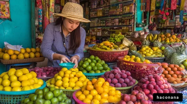 市場の果物と女性