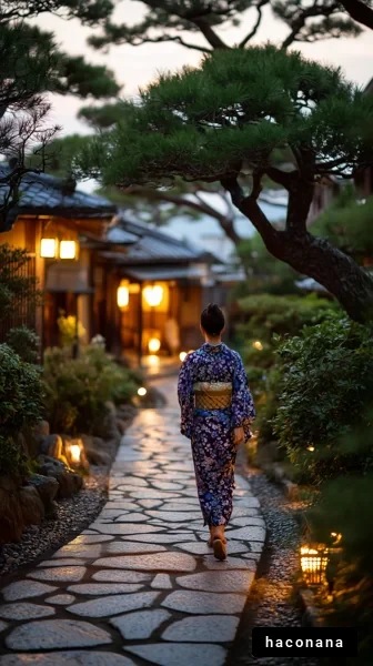 日本庭園を歩く女性