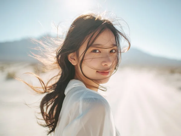 風になびく髪の若い女性・屋外